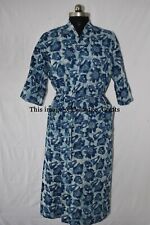 Indigo Blue Printed Long Kimono Unisex Nightgown Cotton Bathrobe Sleepwear Women