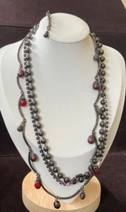Chico's Polished Beads Necklace Long Multi Strand Gray purple red beads 18” - Picture 1 of 3