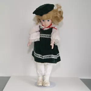 16" Vintage Porcelain Doll In Green & White Velvet/ Laced Dress with Stand - Picture 1 of 18