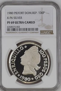 DOMINICAN REPUBLIC 1980 100 PESOS SILVER NGC PF69 Pattern Gold 10 made Piedfort  - Picture 1 of 5