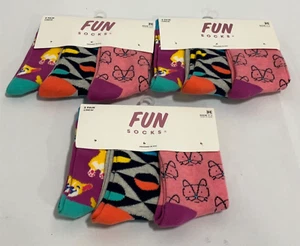 Fun Socks Crew Socks Unisex Kids Size Medium Pink 3 Packs of 3 Animal Print - Picture 1 of 9