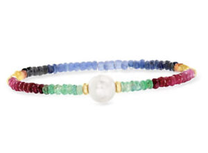 Pearl + 14k Yellow Gold + Ombre Rainbow Quartz Beaded Stretch Bracelet Up To 7”