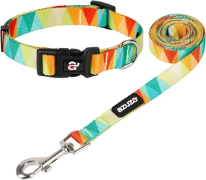 Dog Collar and Leash Set, Adjustable Nylon Collar with Matching Leash, Yellow Fl - Picture 1 of 21