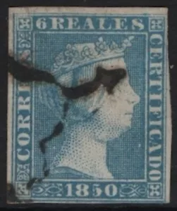 SPAGNA - 1850 Regina Isabella II°, 6 R azzurro - (447/C6) - Foto 1 di 1