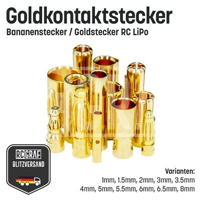 Goldstecker Bananenstecker 1mm - 8mm LiPo Akku Motor Stecker Buchse RC Modellbau - Bild 1 von 4