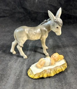 Goebel Hummel Nativity Colored Group of Jesus in Manger and Donkey Figurines - Picture 1 of 13