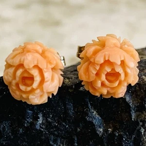ORECCHINI CORALLO CRISANTEMO INTAGLIATO ANTICO ORO GIALLO 10K e 14k borchia 1,53gr 10mm - Foto 1 di 10