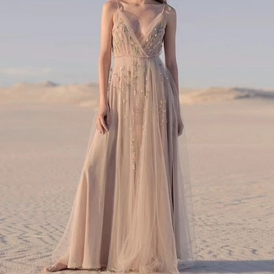 Свадебное платье/официальный сделанный на заказ вручную вышитый блестками шелковый тюль бежевый макси - Изображение 1 из 4