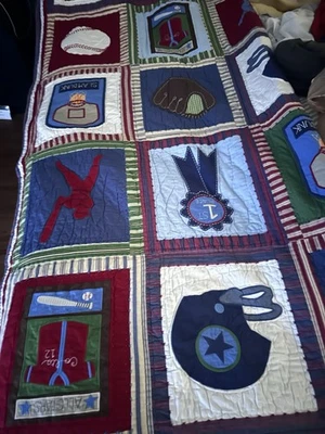 Pottery Barn Kids Sports Appliqué Embroidered Quilt Reversible Patchwork 66”x86” - Image 1 of 4