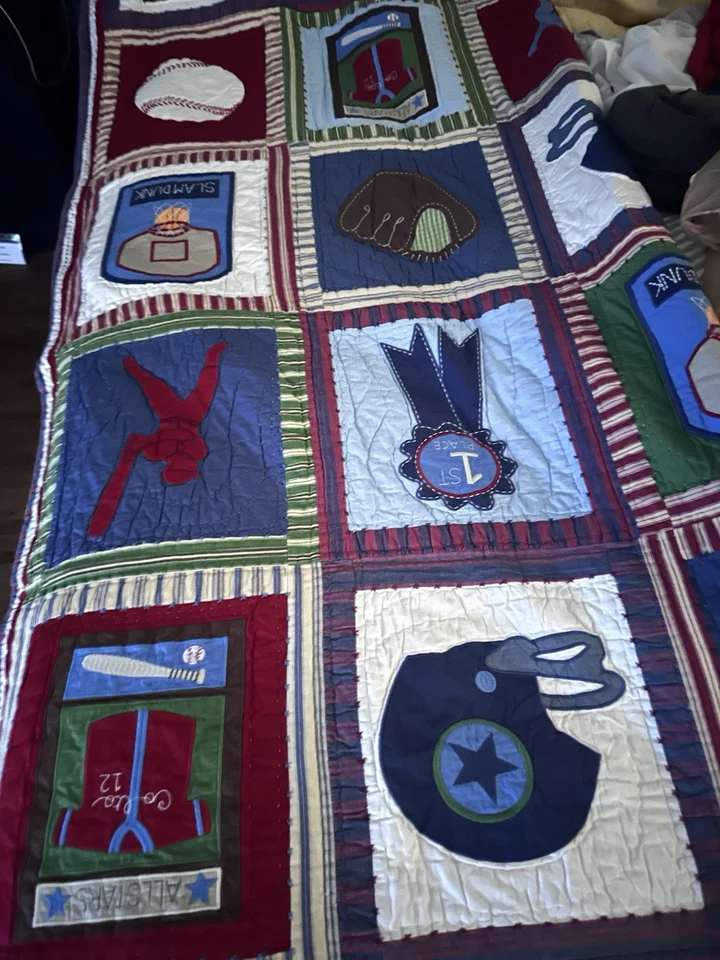 Pottery Barn Kids Sports Appliqué Embroidered Quilt Reversible Patchwork 66”x86” - Image 1 of 4