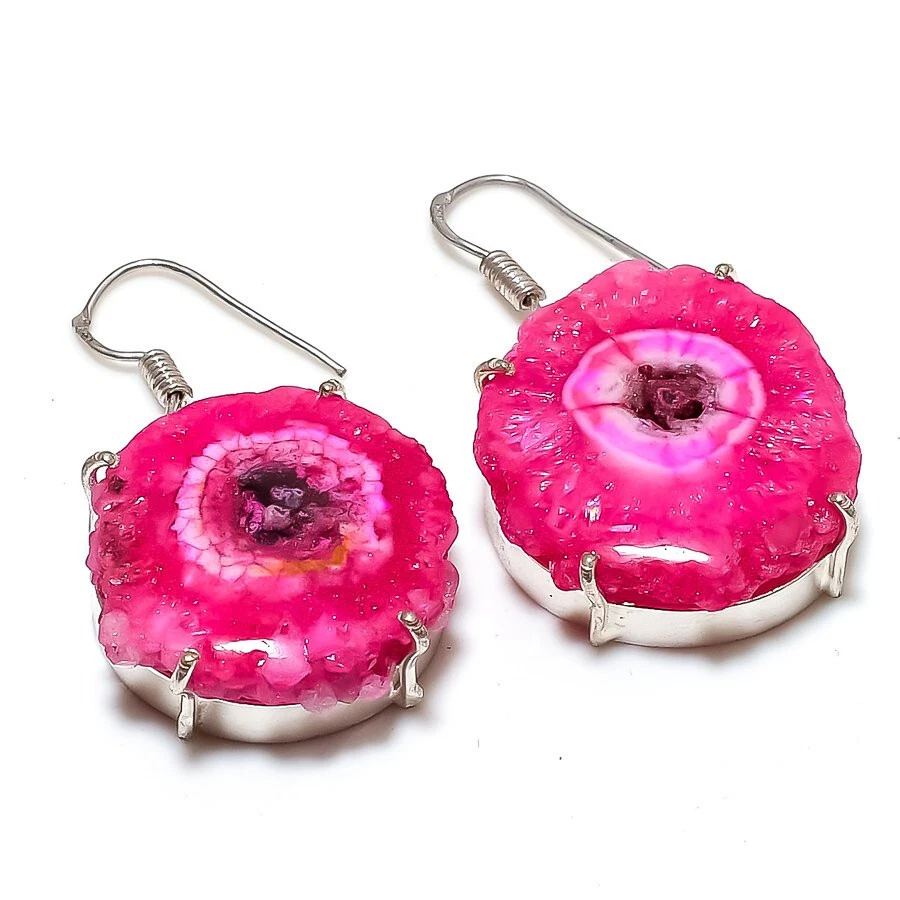 Pink Solar Quartz Druzy Gemstone Silver Plated Dangle Earrings Jewelry 2" - Image 1 of 1
