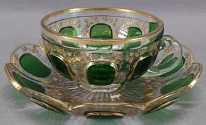 Moser Type Green Cut to Clear Cabochon & Engraved Gilt Floral Tea Cup & Saucer - Picture 1 of 10