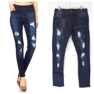 Red Jeans Mid Rise Skinny Faded Destroyed Denim Jeans - Dark Wash - 15/16 - Picture 1 of 11