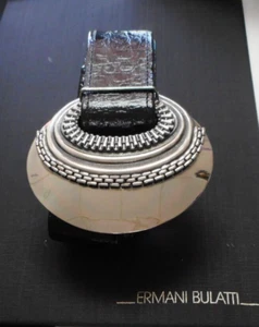 Vintage SIGNED Ermani Bulatti Old Silver Finish Belt Buckle w/ Black Patent Belt - Picture 1 of 7