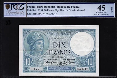 France 10 Francs 1939, PCGS 45 CHOICE EF, OPQ, P-84 - Image 1 of 4