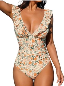 Women's Ruffled One-Piece Swimsuit V Neck Lace Up Bathing Suit M - Picture 1 of 5