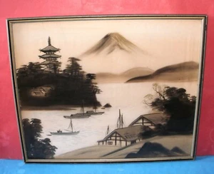 Vintage watercolor wall art Japanese Mount Fuji island pagoda, signed, framed - Picture 1 of 19