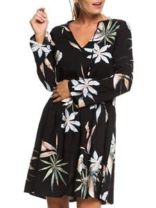 Roxy 162285 Womens Floral Print Split Neck Shift Dress Black Size Medium - Picture 1 of 2