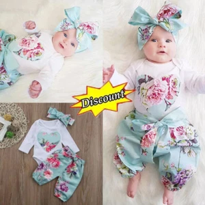 3PCS Baby Girl Clothes Outfits Cute Flower Romper Pant with Headband Sets - Picture 1 of 8