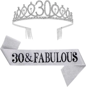 30 and Fabulous Sash and Rhinestone Tiara Set, 30th Birthday Gifts (Silver) - Picture 1 of 1