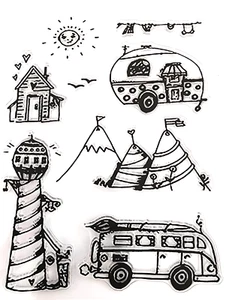 Mountains Lighthouse Trailer Cabin VW Bus road Trip Clear Stamp Sheet 6" x 7.75" - Picture 1 of 1