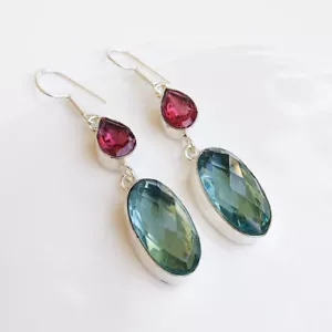 Amazing Blue Topaz Rubelite Gemstone 925 Sterling Silver Handmade Earring D-19 - Picture 1 of 5