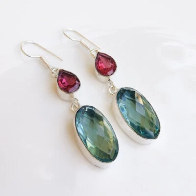 Fantastische Blauer Topas Rubellit Edelstein 925 Sterlingsilber Handmade Ohrring - Bild 1 von 4