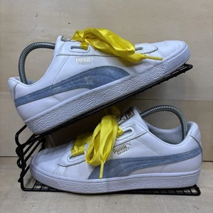 Puma Basket Ribbon Schnürsenkel Damen Größe 6 weiß blau Glitzer gelb Leder Sneaker - Bild 1 von 16