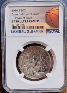 2020 S Basketball Hall of Fame "First Day Issue" Half Dollar NGC PF 70 U. Cameo - Picture 1 of 4