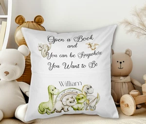Personalised dino print reading pillow, unique pocket cushion, kids bedroom item - Picture 1 of 3