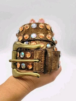 Y2K Women Guess Simulated Leather Faceted Bead Belt Copper Big Buckle Rockabilly - Image 1 of 4