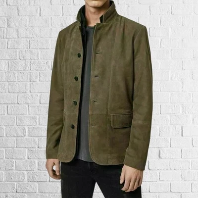 Rider Look Jacket: Classic Olive Green Suede Leather Handmade Button Coat - Image 1 of 3