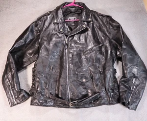 Vintage Mens 2XL Diamond Plate Buffalo Leather Black Motorcycle Biker Jacket XXL - Picture 1 of 10