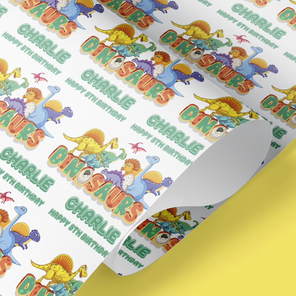 Dinosaur Personalised Wrapping Paper – Custom Name Dino Kids Gift Wrap - Image 1 of 4