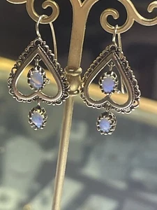 Antique 14k Yellow Gold Hearts Australian Fire Opal Dangle Earrings - Picture 1 of 15