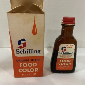 VINTAGE Schilling Food Coloring Orange Shade Box Bottle 1 Oz 1/2 Full - Picture 1 of 3