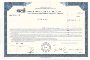 Steve's Homemade Ice Cream, Inc. 1986 certificado de stock - Imagen 1 de 1