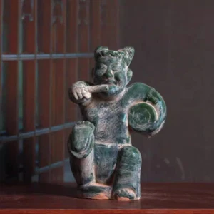 Han Dynasty Green-Glazed Terracotta Drumming Ceramic Figurine Ancient Chinese - Picture 1 of 4