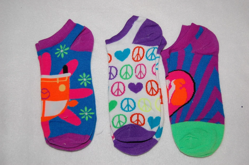 女士船袜三对套装适合 4-10 鞋码和平标志花朵明亮 — 第 1/1 张图片