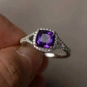 2.5Ct Cushion Cut Lab-Created Amethyst Split Shank Ring In 14K White Gold Plated - Picture 1 of 7