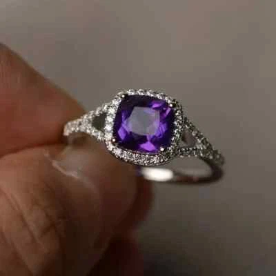 2.5Ct Cushion Cut Lab-Created Amethyst Split Shank Ring In 14K White Gold Plated - Image 1 of 4
