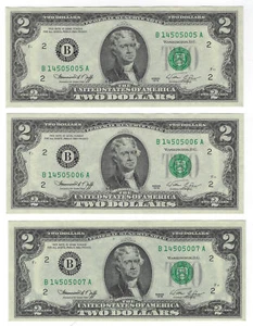 $2 serie 1976 billetes de la Reserva Federal Nueva York fr #1935B UNC 3 billetes consecutivos - Imagen 1 de 2