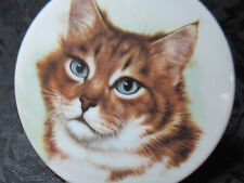 Porcelain Painting Cat Brown & Black on Round Display & Stand Shelf or Table Top