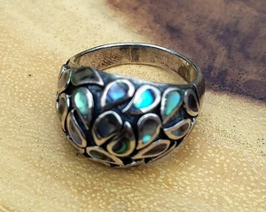 Vintage signierter Sterlingsilber Abalone Intarsien Blätter Kuppel Ring Größe 10,5 - Bild 1 von 4