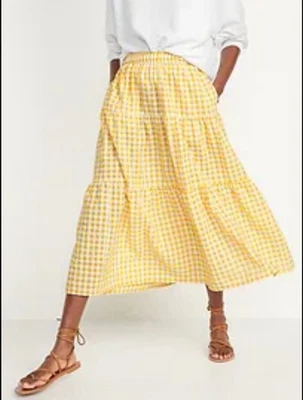 Old Navy Womens Yellow Gingham Elastic Waist Pocket Pull On Tiered Skirt XL - Image 1 of 4