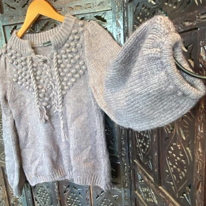 Vintage Moda Int Wollpullover Damen M Lila Mauve Grobstrick Bommeln CottageCore Y2K - Bild 1 von 13