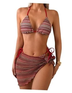 Women's 3 Piece Bikini Sets Striped Halter Summer Swimsuit with Tie Side - Picture 1 of 7