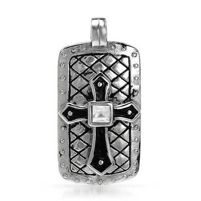 Cross Dog Tag Pendant W/1.30ctw CZ in Black Enamel & Stainless steel. - Image 1 of 2