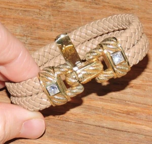 JUDITH RIPKA Tan Braided Leather Gold Tone Sterling Silver 925 CZ Bracelet - Imagen 1 de 10