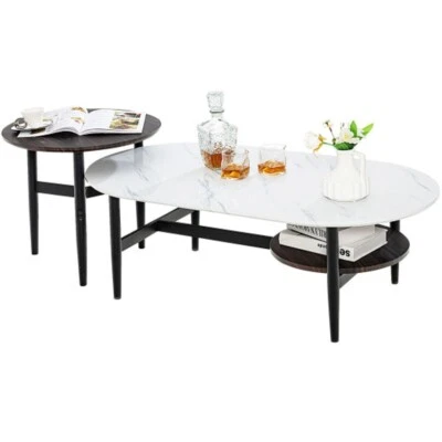 Coffee Table 2 Set Oval Round Lounge White Room Office Solid MDF Wood Steel Leg - Image 1 of 4